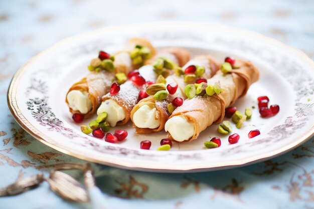 Zdjęcie różnorodne cannoli z pistacjami i wiśniami