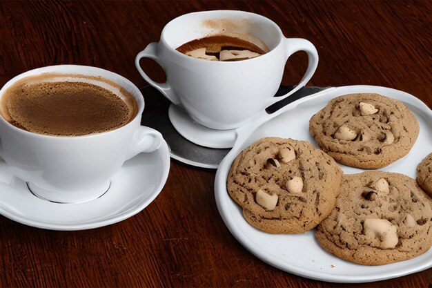 Zdjęcie różnorodne ciasteczka i aranżacje filiżanek kawy na pięknym pasztecie