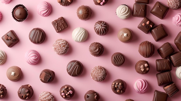 Różnorodne czekoladowe cukierki na miękkim różowym tle słodki przysmak na każdą okazję idealny do fotografii żywności i projektów projektowych sztuka kulinarna w słodkim wyświetlaczu AI