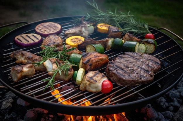 Różnorodne grillowane mięso z warzywami na grillu z dymem i płomieniami Generatywna sztuczna inteligencja