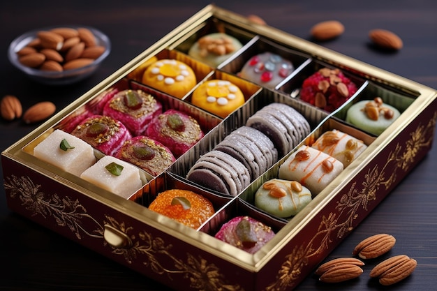 Zdjęcie różnorodne indyjskie słodycze lub mithai zapakowane w piękne pudełko lub pojemnik