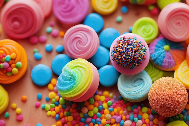 Różnorodne kolorowe cukierki i cukierki dla dzieci na stole