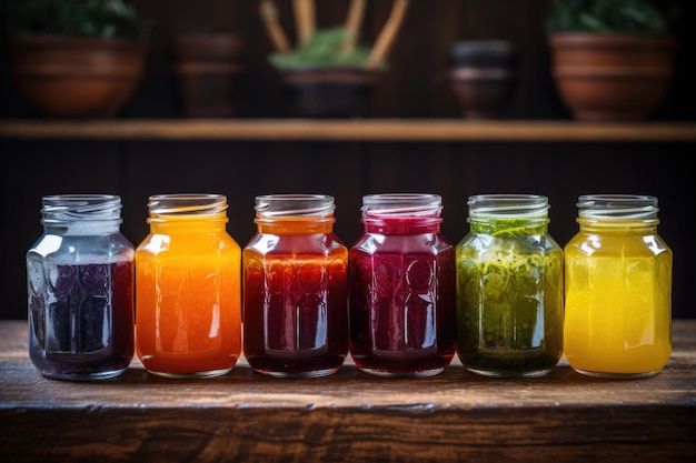 Różnorodne kolorowe soki w szklanych słoikach