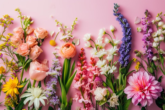 Zdjęcie różnorodne kwiaty porządnie ułożone na różowej powierzchni tworzą kolorowe i żywe widoki