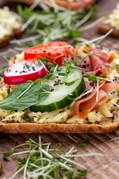 Różnorodne mini kanapki z twarogiem, warzywami i salami. Kanapki z ogórkiem, rzodkiewką, pomidorami, salami na szarym tle, widok z góry. Leżał na płasko.