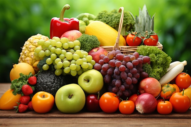 Różnorodne owoce i warzywa na drewnianym stole
