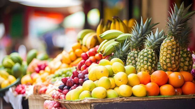 Różnorodne owoce wystawione na targu Świeże, kolorowe i żywe produkty na sprzedaż