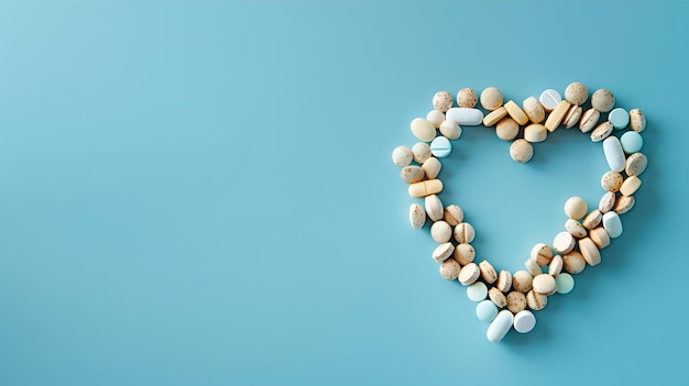 Różnorodne pigułki leków tworzące kształt serca na niebieskim tle koncepcja opieki zdrowotnej i miłości obraz medyczny dla aptek AI