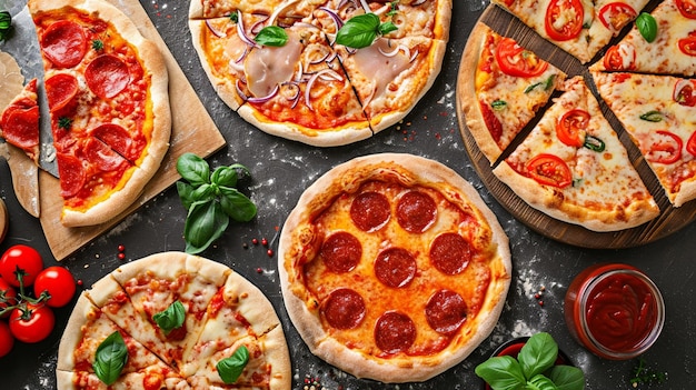 Różnorodne pizze z sosem na drewnianym stole Generative Ai