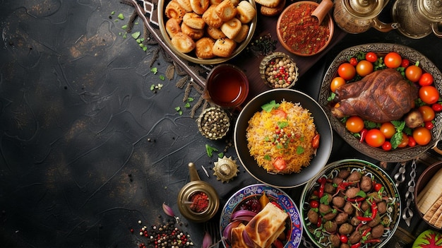 Różnorodne potrawy z Bliskiego Wschodu podawane w kolorowych miskach i talerzach gotowe do posiłku grupowego