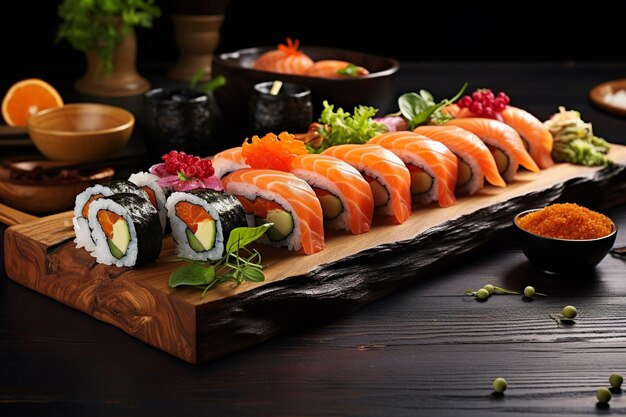 Różnorodne sushi i sushi są ułożone na czarnej powierzchni