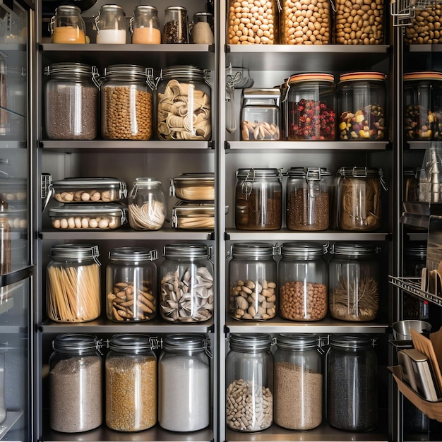 Zdjęcie różnorodne suszone produkty w szklanych słoikach są skrupulatnie zorganizowane na nowoczesnych czarnych półkach, prezentując porządną i funkcjonalną spiżarnię.