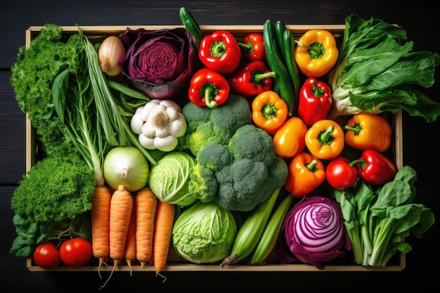 Różnorodne świeże warzywa zapakowane w drewniane pudełko