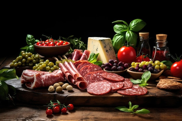 Różnorodne włoskie przysmaki na stole, salamy, kiełbaski, parmezan, oliwki, bazylikę, pomidory.
