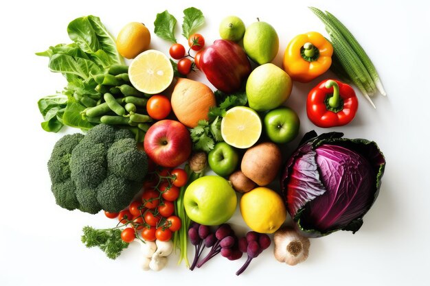 Różnorodne zdrowe pokarmy z owocami i warzywami na białym tle z przestrzenią do kopiowania Generatywna sztuczna inteligencja