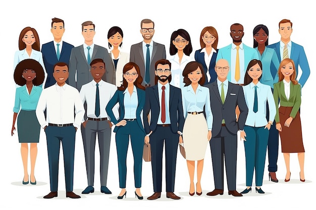 Różnorodne zespoły biznesowe wielonarodowe postacie z kreskówek w strojach biurowych