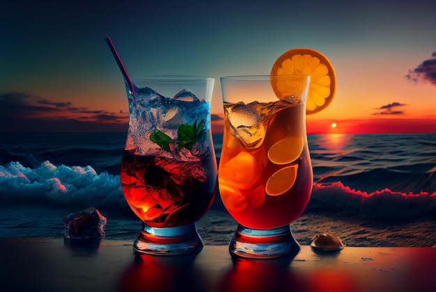 Różnorodność alkoholowych napojów koktajlowych z plażą o zachodzie słońca na tle ilustracji Generative AI