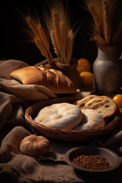 Różnorodność chleba i owoców na wystawie