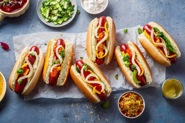 Różnorodność hot dogów z zdrowymi warzywami i przyprawami
