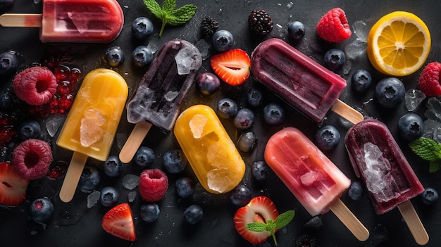 Różnorodność kolorowych letnich popsicles z lodem i owocami Widok z góry Generatywna sztuczna inteligencja