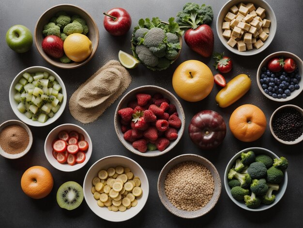 Zdjęcie różnorodność owoców i warzyw w miskach skupienie żywności na fotografii żywności zdrowotnej
