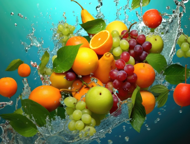 Różnorodność owoców wpadających do wody z pluskiem