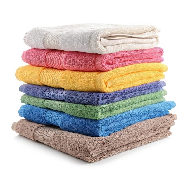 Różnorodność pluszowych ręczników kąpielowych na białym tle