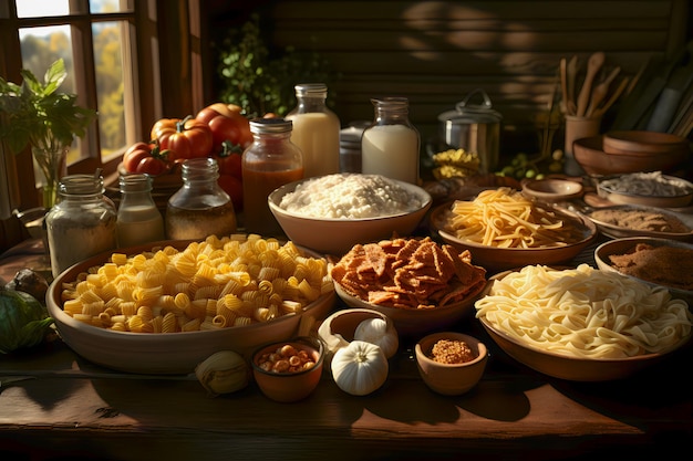 Różnorodność rodzajów i kształtów włoskich makaronów na drewnianym stole