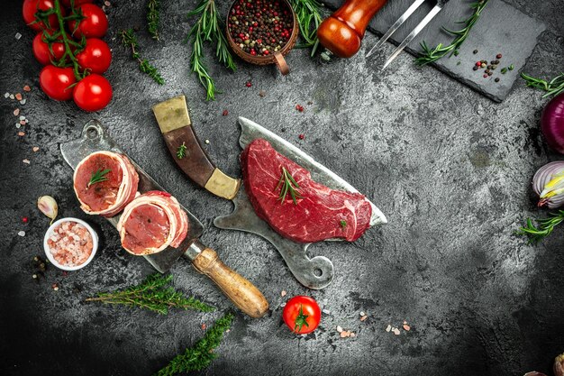 Różnorodność surowych steków mięsnych z czarnego angus prime stek wołowy Filet z polędwicy mignon do grillowania na starym tasaku do mięsa na ciemnym tle baner menu przepis widok z góry