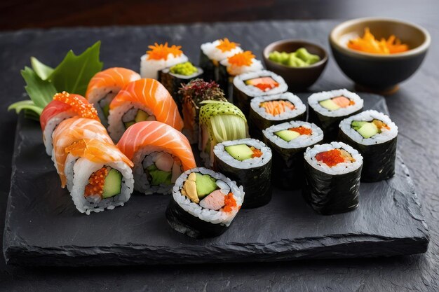 Różnorodność sushi elegancko zaprezentowana