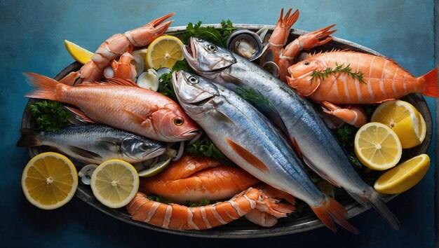 Różnorodność świeżych, luksusowych owoców morza Świeże ryby i owocy morza