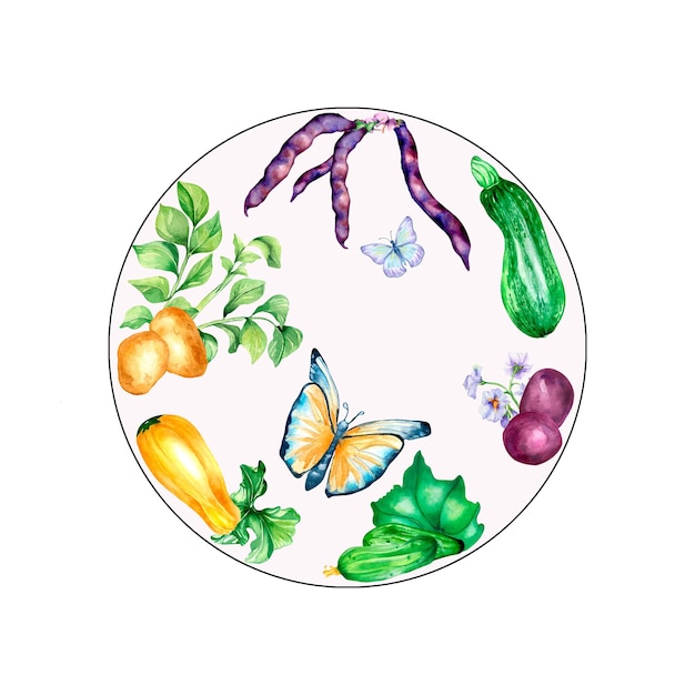 Różnorodność warzyw i motyli akwarela ilustracja na białym tle