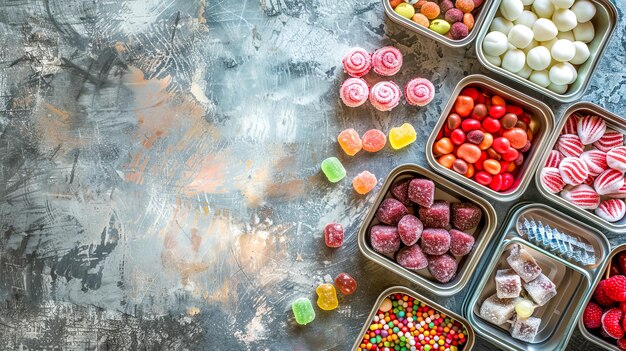 Zdjęcie różnorodny wybór cukierków na teksturowanym tle