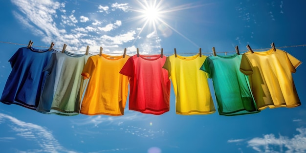 Różny kolor czterech koszulek wiszących na sznurku do prania przed jasnym niebieskim niebem