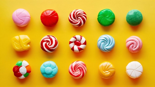 Różny rodzaj słodkich cukierków na żółtej powierzchni