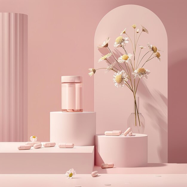 Zdjęcie różowa i biała łazienka z różową ścianą i wazonem z kwiatami