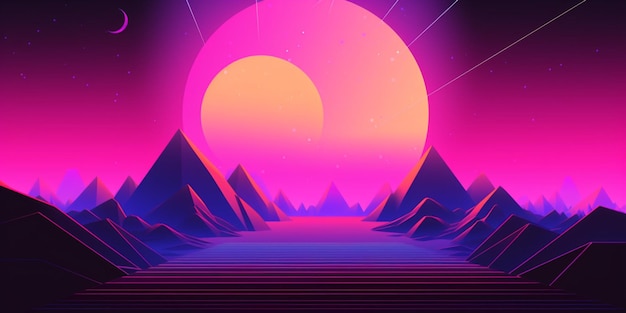 Różowa i fioletowa ilustracja przedstawiająca góry i zachód słońca.