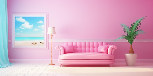 różowa kanapa i lampa w pokoju