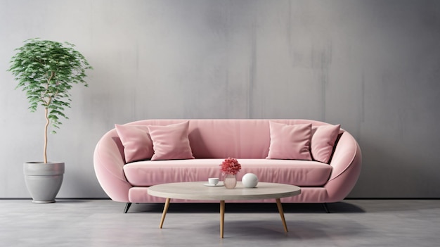 Różowa kanapa i okrągły stolik na szarym dywanie