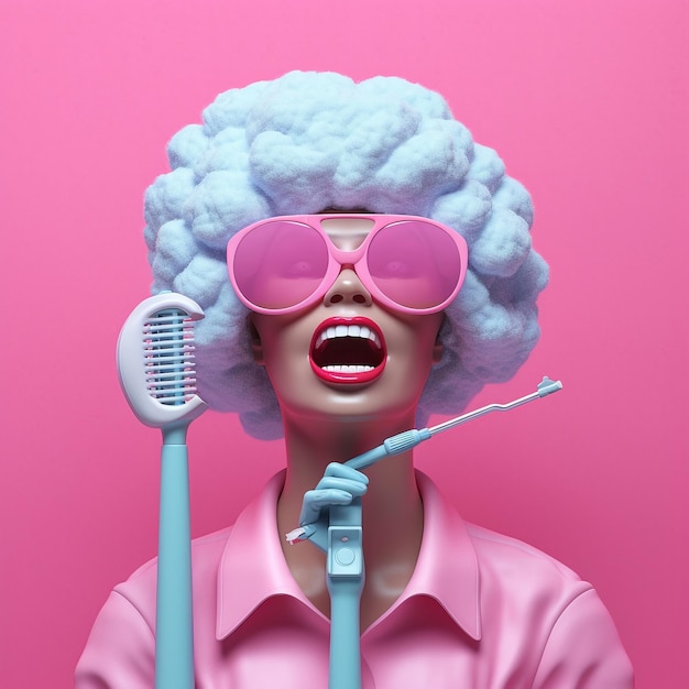 Różowa kobieta w niebieskiej peruce i różowych okularach przeciwsłonecznych trzyma w ustach mikrofon i pędzel.
