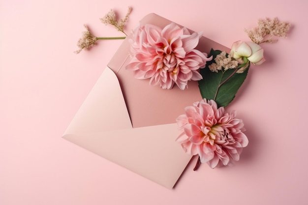 Różowa koperta z kwiatami na różowym tle