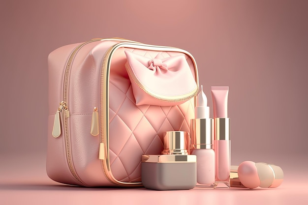 Różowa kosmetyczka z produktami kosmetycznymi