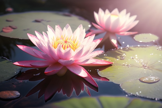 Różowa lilia wodna w stawie, na której świeci słońce Generacyjna sztuczna inteligencja