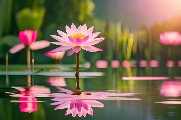 różowa lilia wodna w stawie z słońcem świecącym przez wodę
