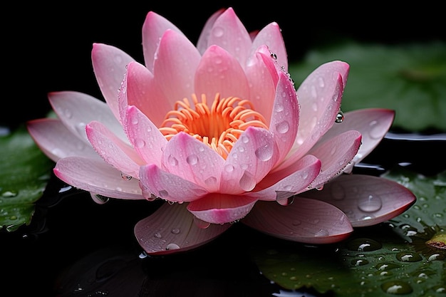 różowa lilia wodna z kropelami deszczu