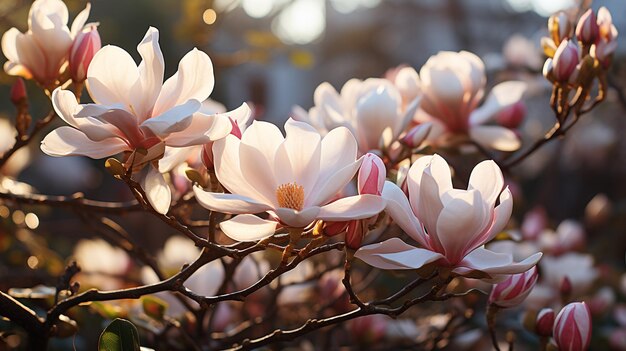 Różowa magnolia Magnolia liliiflora lub drzewo tulipanowe w ogrodzie botanicznym Generatywna sztuczna inteligencja