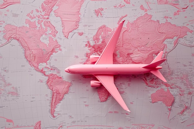 różowa mapa świata z samolotem w stylu pop inspo, delikatny róż i róż