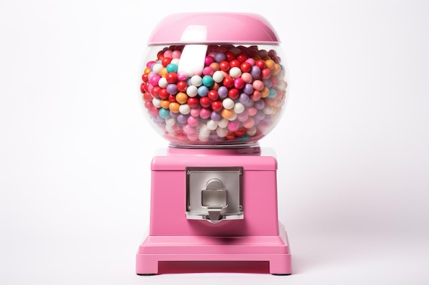 Zdjęcie różowa maszyna do gumy jest wypełniona do krawędzi kolorowymi i różnorodnymi cukierkami maszyna rozdaje cukierki do czekających rąk izolowana na przezroczystym tle png