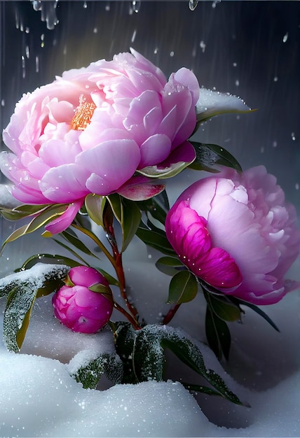 Różowa piwonia w śniegu
