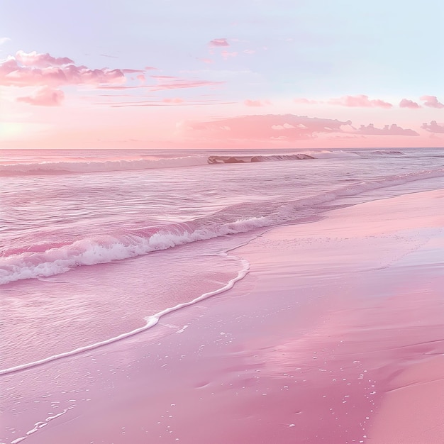 Różowa plaża, serenty, niebo, woda.